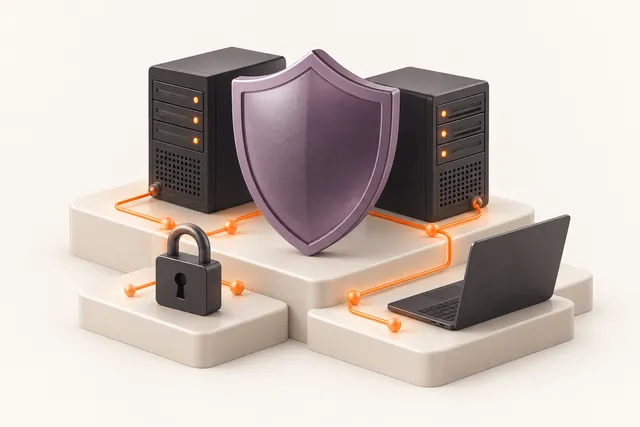 Conceptual illustration of a shield protecting servers and a laptop.