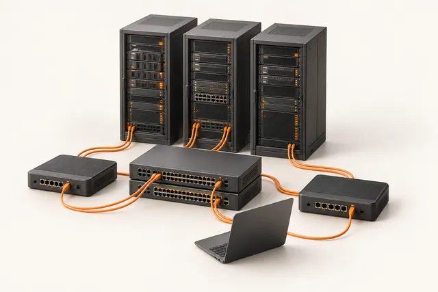 Illustration of routers, switches and server racks connected by orange cables.