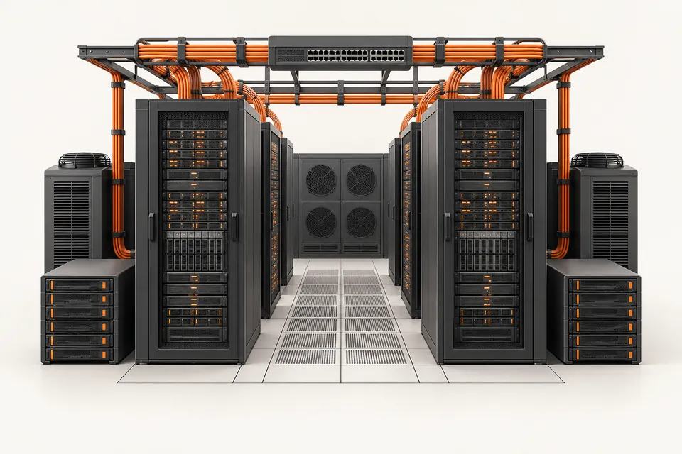 Concept illustration of server racks, storage and switching in a data center.