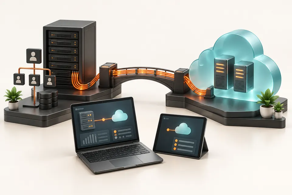 Concept illustration of on-premises servers connected to cloud infrastructure and managed devices.
