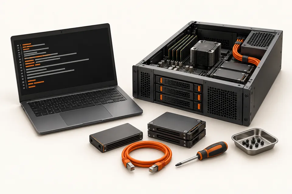 Concept illustration of a systems administration workbench with a terminal and server hardware.