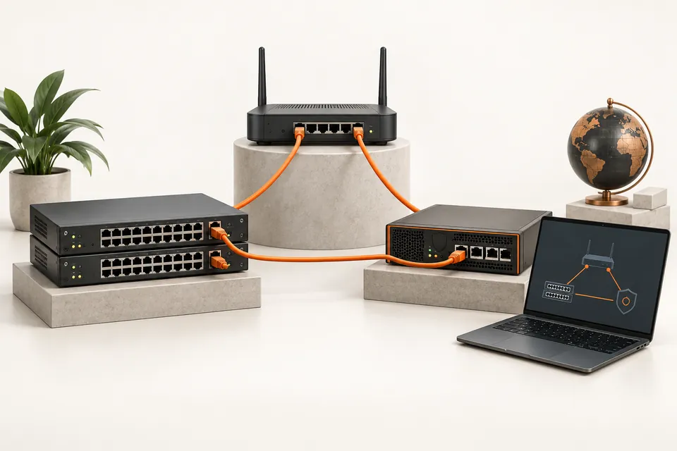 Concept illustration of a router, stacked switches, firewall and laptop connected by orange cables.