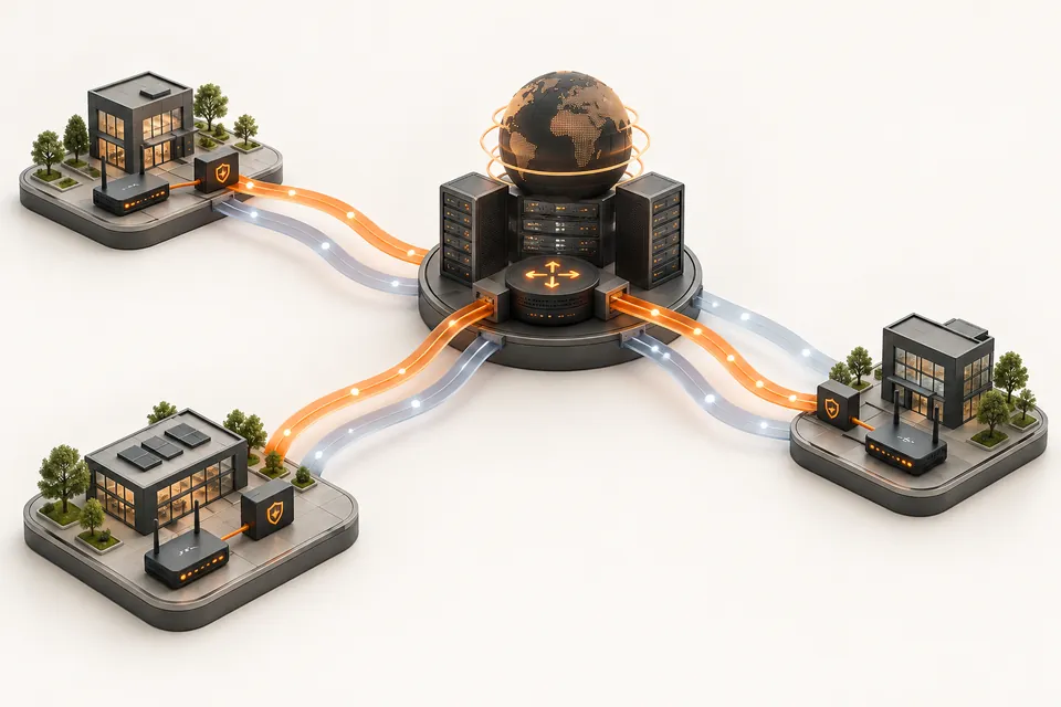 Concept illustration of branch networks connected by multiple WAN paths.