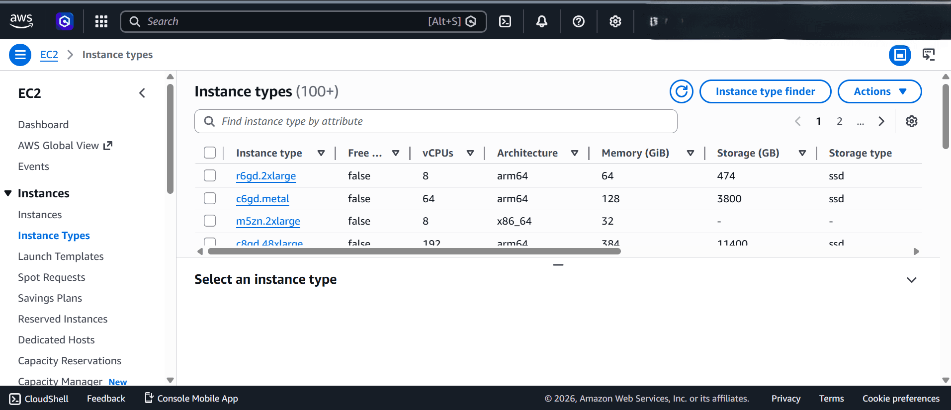 AWS EC2 console showing instance types in the Solutions Architect lab preview.